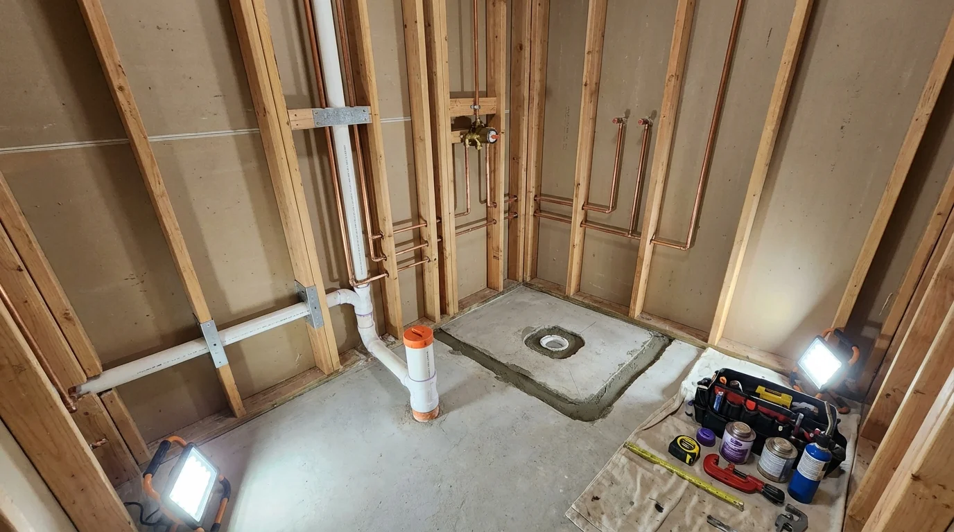 Bathroom rough-in plumbing during remodel by Johns Plumbing LLC in Ashfield