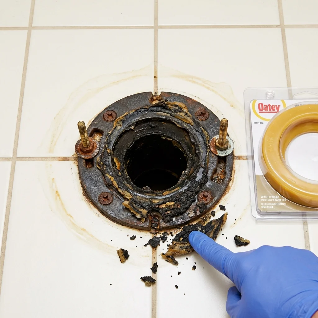 Failed wax ring showing water seepage at the base of a toilet in a Ashfield, MA home
