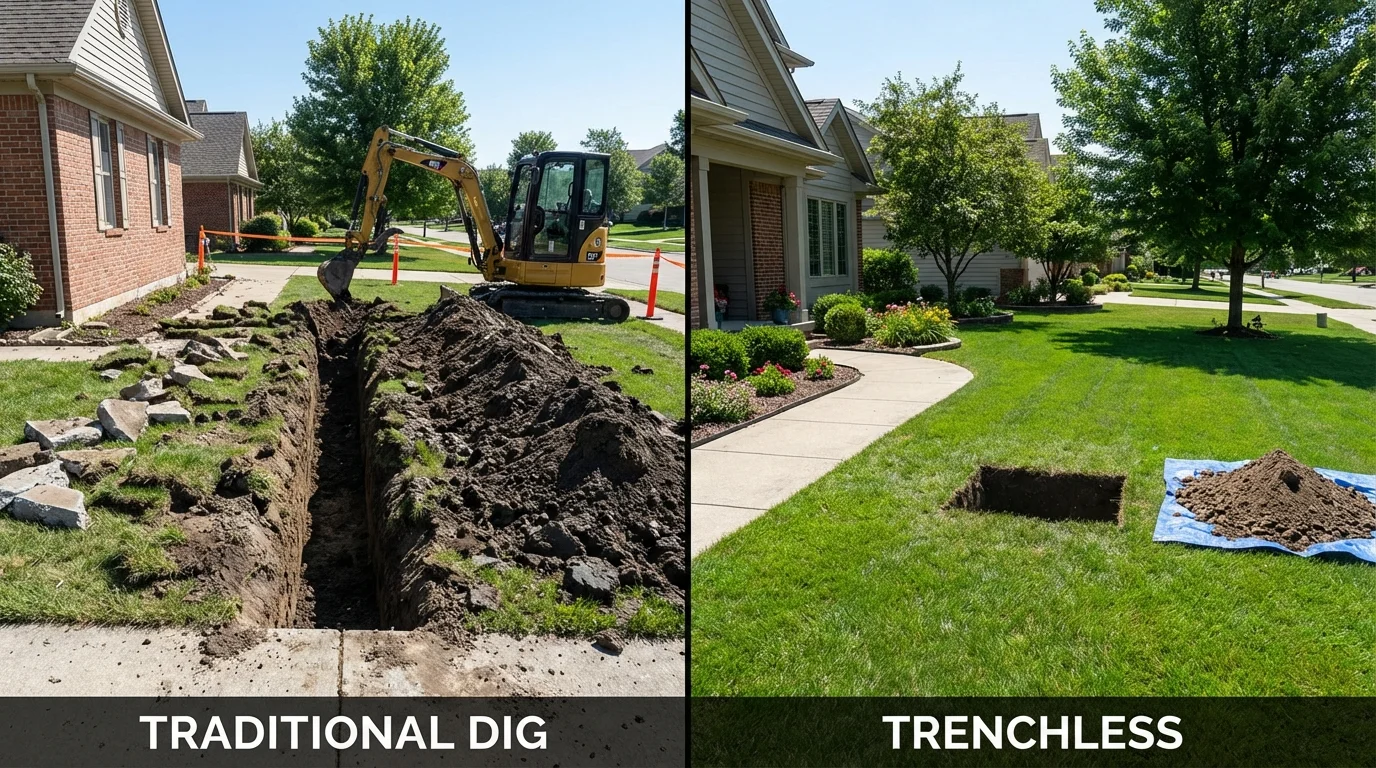 Trenchless sewer repair with minimal yard damage versus traditional excavation in Ashfield, MA