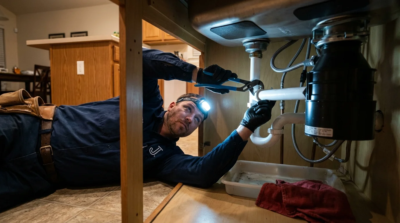 P-trap and supply line connections under a kitchen sink showing a common leak point in Ashfield, MA